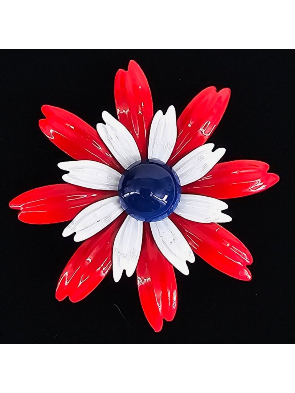 Red White Blue Patriotic Daisy Flower Brooch Pin Painted Metal 2.75" Large
